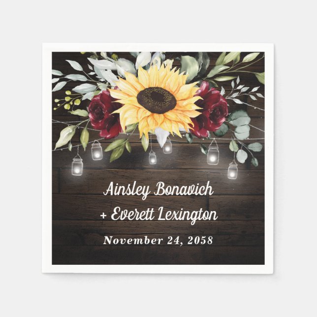 Sunflower and Burgundy Red Rose Rustic Wedding Napkins (Front)