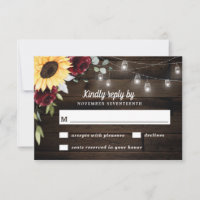 Sunflower and Burgundy Red Rose Rustic Wedding RSVP Card