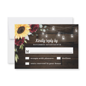 Sunflower and Burgundy Red Rose Rustic Wedding RSVP Card