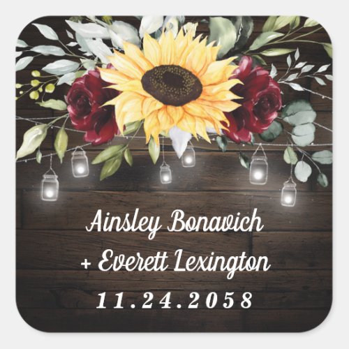 Sunflower and Burgundy Red Rose Rustic Wedding Square Sticker
