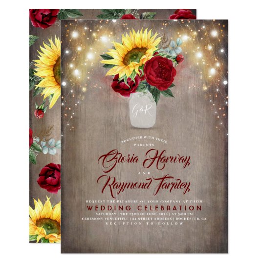 Sunflower And Burgundy Rose Mason Jar Fall Wedding Invitation