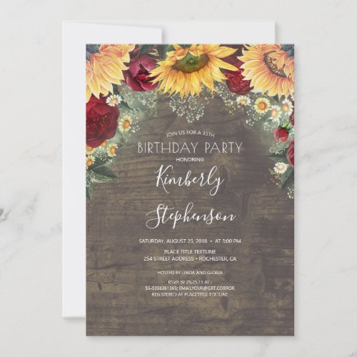 Sunflower and Burgundy Rose Rustic Birthday Invitation