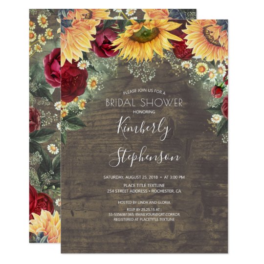 Sunflower And Burgundy Rose Rustic Bridal Shower Invitation Sunflower And Burgundy Rose Rustic Bridal Shower Invitation