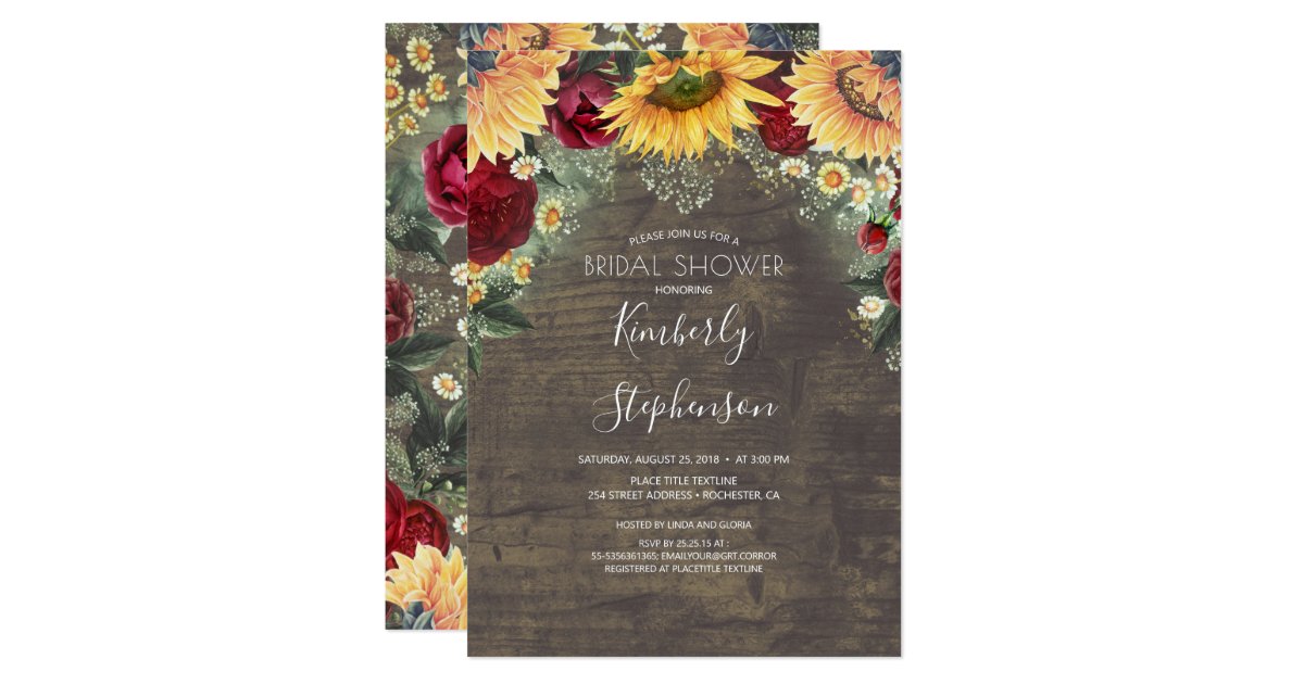 Sunflower And Burgundy Rose Rustic Bridal Shower