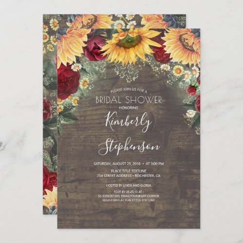 Sunflower and Burgundy Rose Rustic Bridal Shower Invitation