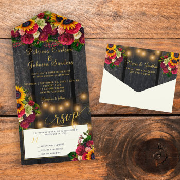 Sunflower And Burgundy Roses Rustic Fall Wedding All In One Invitation by invitations_kits at Zazzle
