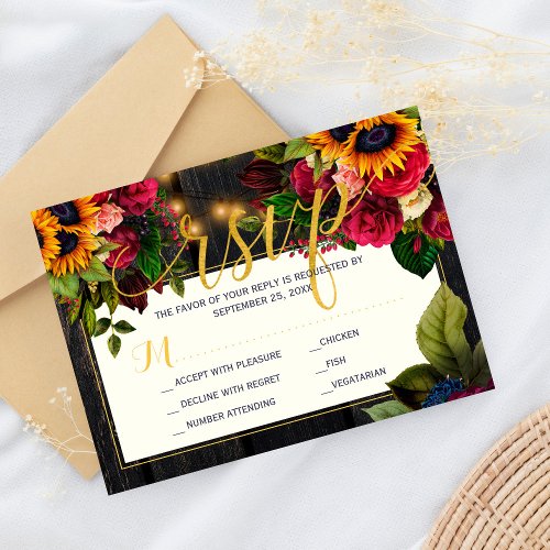 Sunflower and burgundy roses rustic fall wedding enclosure card