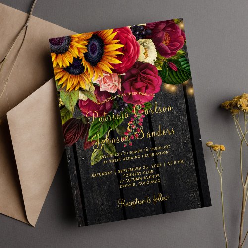 Sunflower and burgundy roses rustic fall wedding invitation