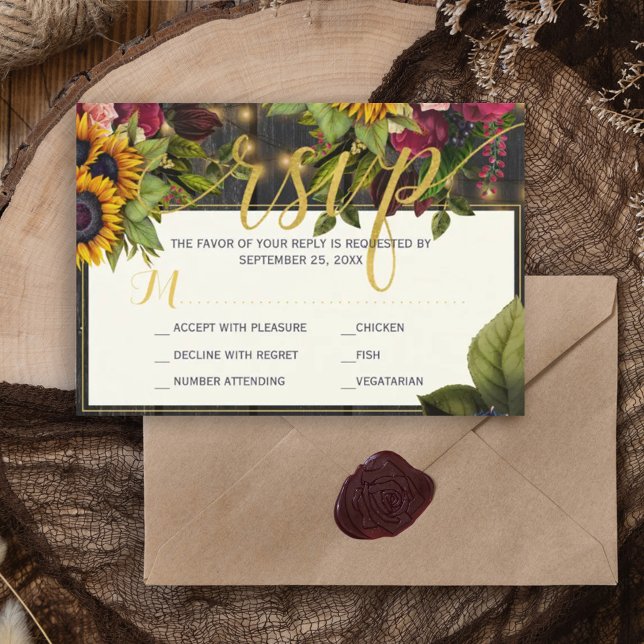 Sunflower and burgundy roses rustic fall wedding RSVP card (Creator Uploaded)