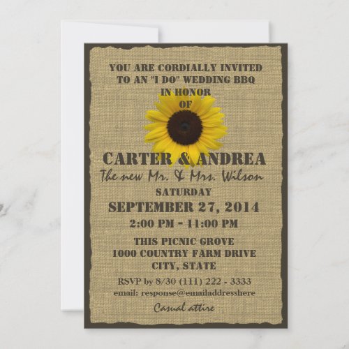 Sunflower and Burlap BBQ Wedding Reception Invitation