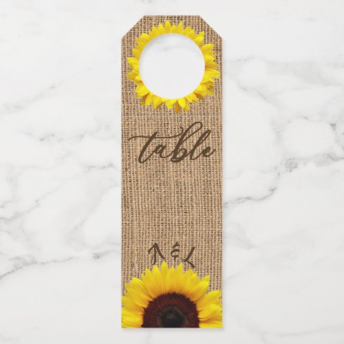 Sunflower and Burlap Look Wedding Table Number Bottle Hanger Tag