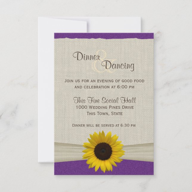 Sunflower and Burlap Purple and Yellow Reception Invitation (Front)