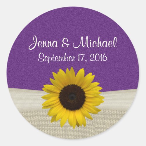 Sunflower and Burlap Purple Classic Round Sticker