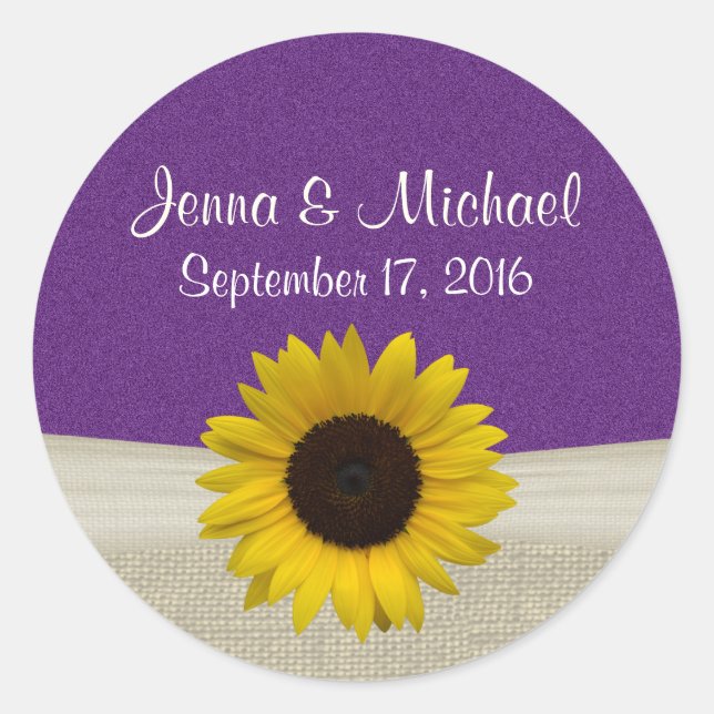 Sunflower and Burlap Purple Classic Round Sticker (Front)