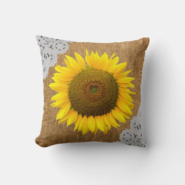 Sunflower and Burlap Texture Throw Pillow (Front)