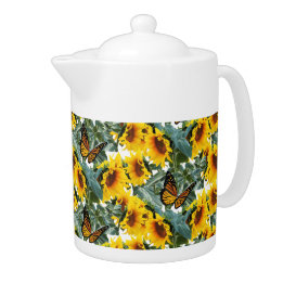Sunflower and Butterflies Yellow Flower  Teapot