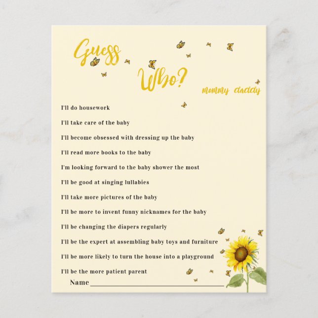 Sunflower and Butterfly Baby Shower Guess Who Game (Front)