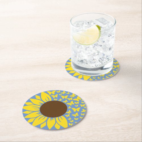 Sunflower and Butterfly Blue and Yellow Coaster