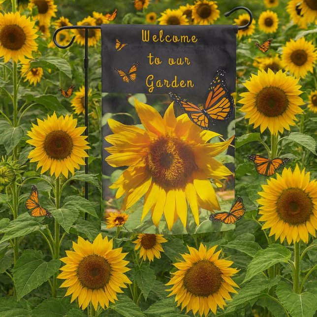 Sunflower and Butterfly Welcome   Garden Flag (Cheerful summer sunflowers garden welcome flag )