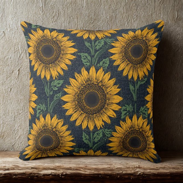Sunflower and Cheetah Print Pattern Throw Pillow (sunflowers on navy cheetah background throw pillow)