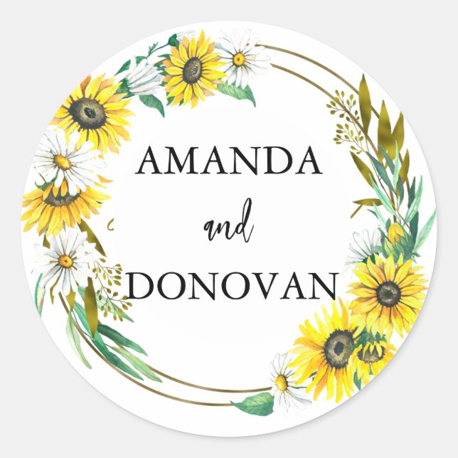 Sunflower and Daisies Wreath Wedding Envelope Seal (Front)
