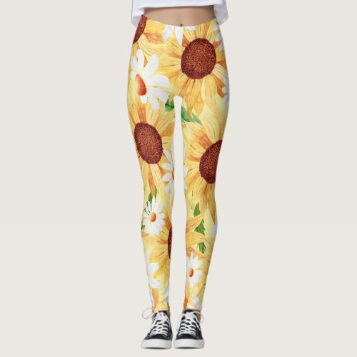 Sunflower and Daisy Watercolor  Leggings