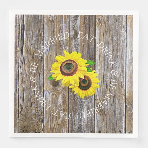 Sunflower and Distressed Wood Wedding Paper Dinner Napkins
