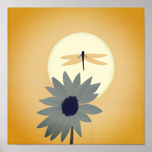 Sunflower and dragonfly minimalist art poster