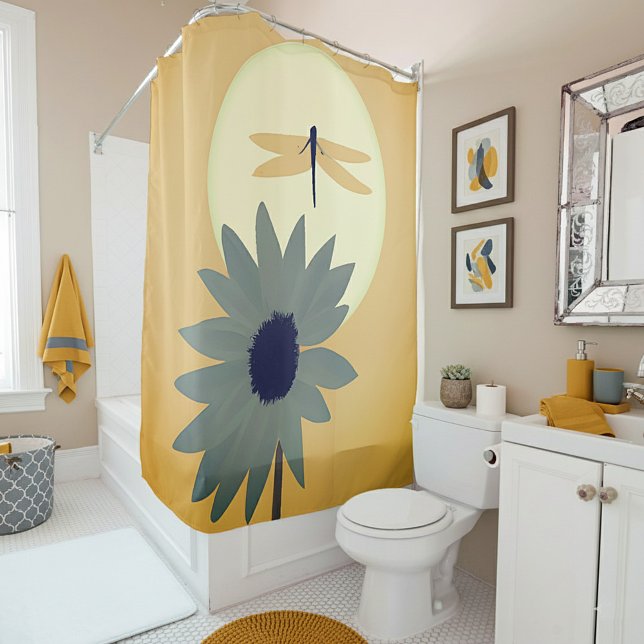 Sunflower and dragonfly minimalist art shower curtain (Creator Uploaded)