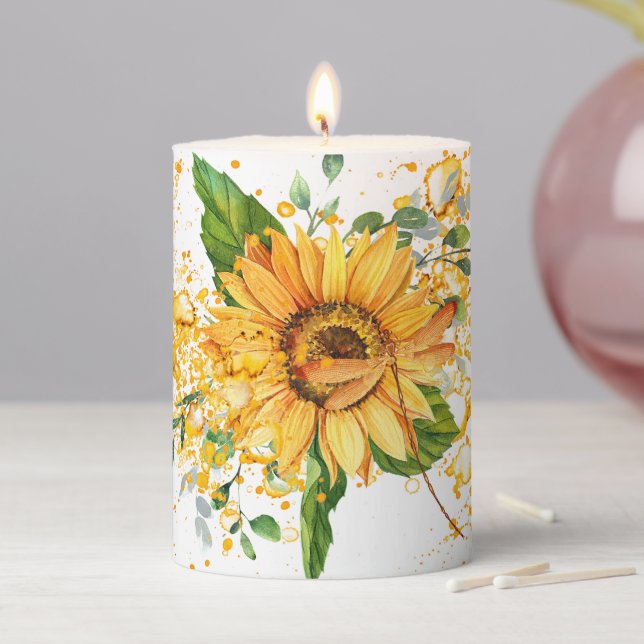 Sunflower and dragonfly splatter fall  pillar candle (In Situ)