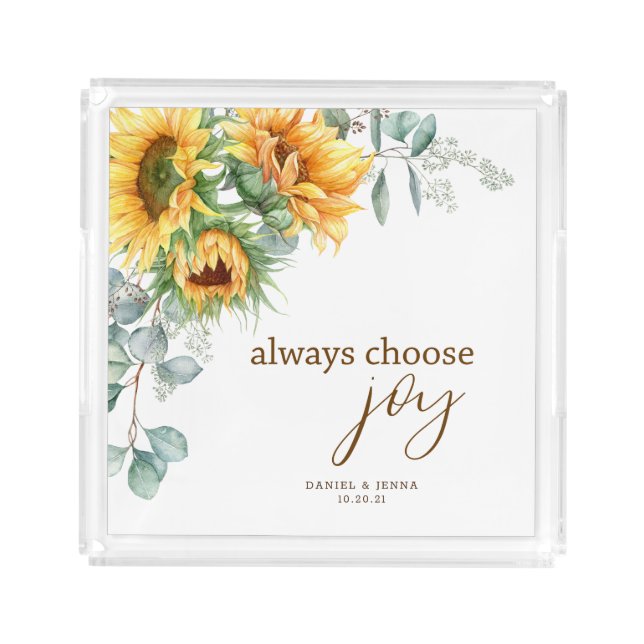 Sunflower and Eucalyptus Joy Wedding Acrylic Tray (Front)