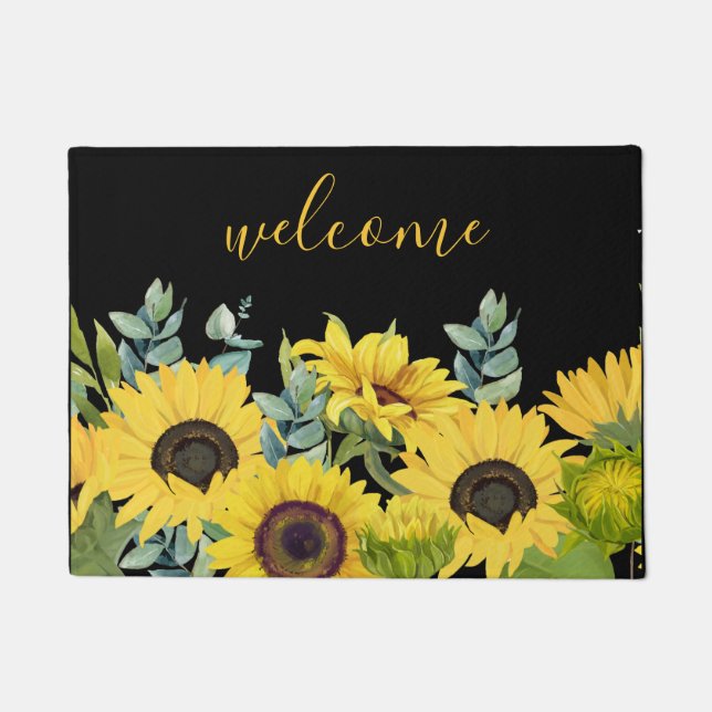 Sunflower and Eucalyptus Watercolor Art Welcome Doormat (Front)
