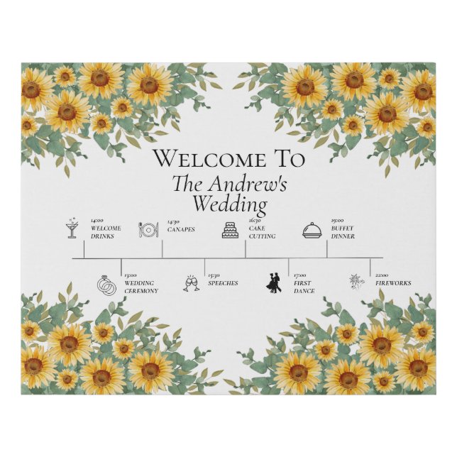 Sunflower and Eucalyptus Wedding Timeline Faux Canvas Print (Front)