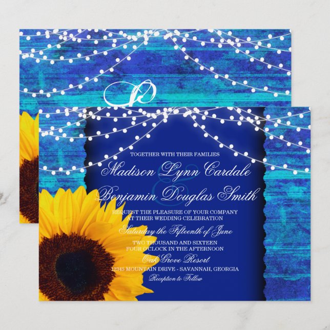 Sunflower and Fairy Lights Blue Wedding Invites (Front/Back)