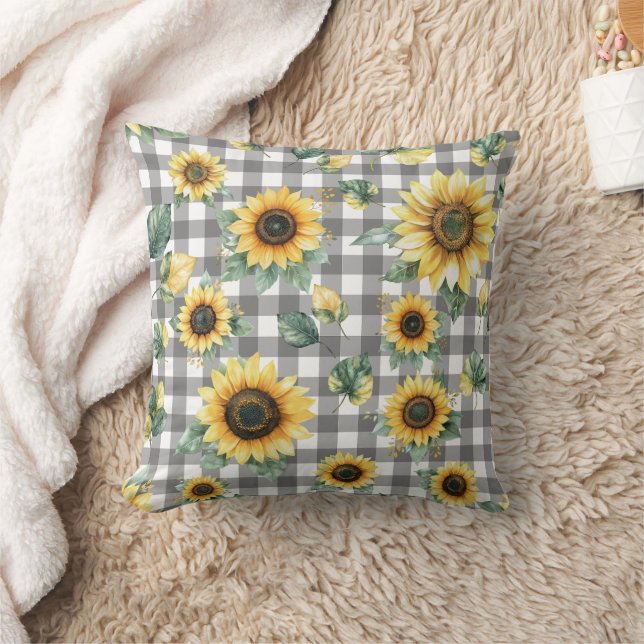 Sunflower and Gingham Rustic Farmhouse  Throw Pillow (Blanket)