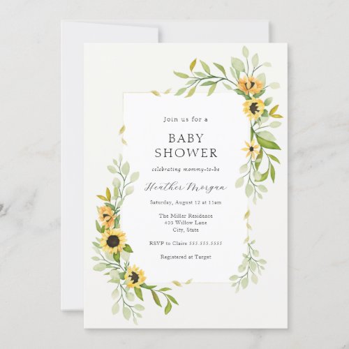Sunflower and Greenery Frame Baby Shower Invitation