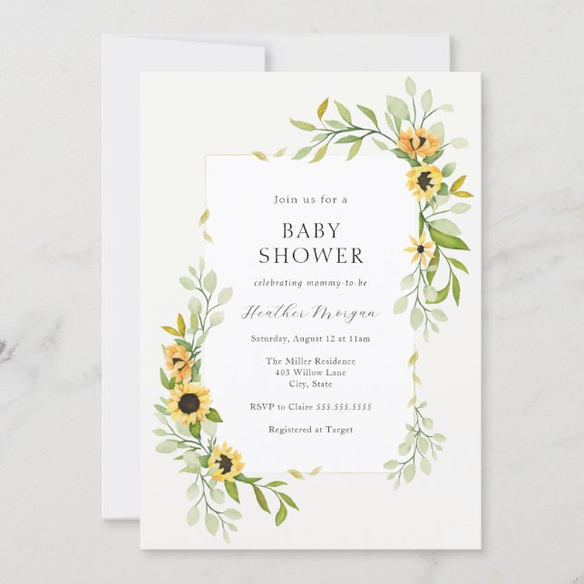 Sunflower and Greenery Frame Baby Shower Invitation (Front)