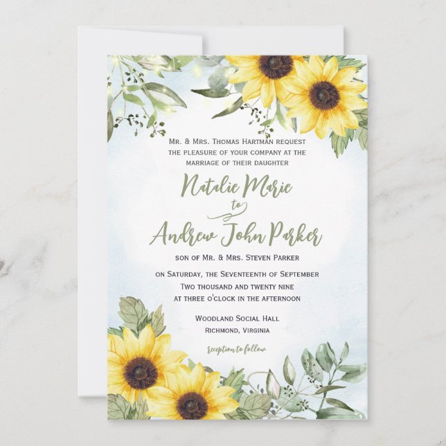 Sunflower and Greenery Wedding Invitation (Front)