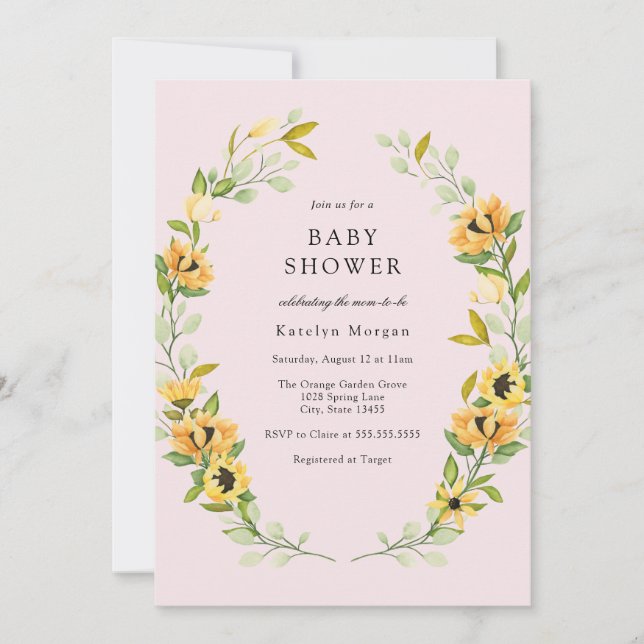 Sunflower and Greenery Wreath Baby Shower Invitati Invitation (Front)