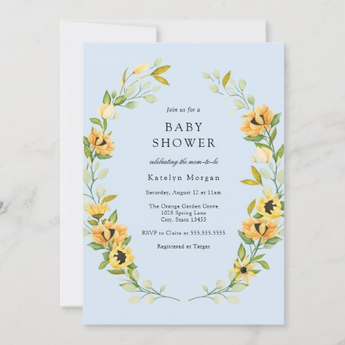 Sunflower and Greenery Wreath Baby Shower Invitation