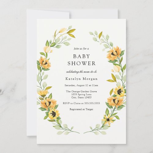 Sunflower and Greenery Wreath Baby Shower Invitation