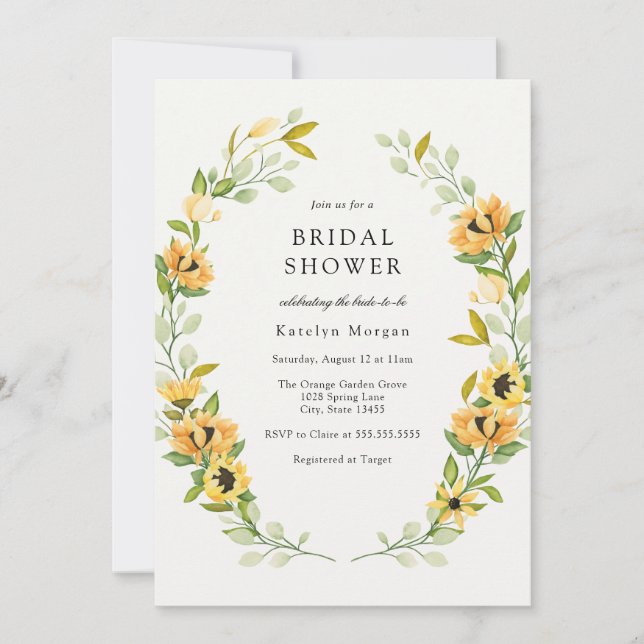 Sunflower and Greenery Wreath Bridal Shower Invitation (Front)