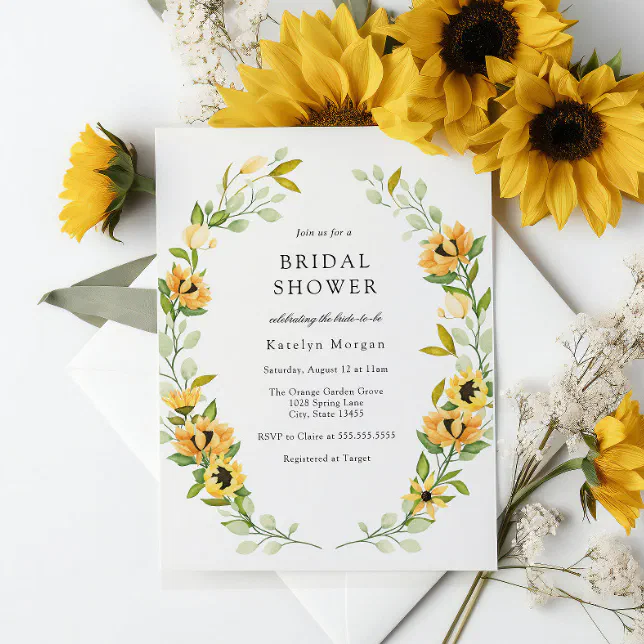 Sunflower and Greenery Wreath Bridal Shower Invitation | Zazzle