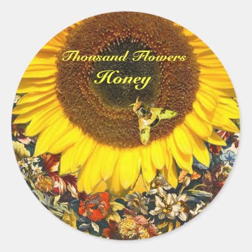 SUNFLOWER AND HONEY BEE FLORAL BEEKEEPING CLASSIC ROUND STICKER