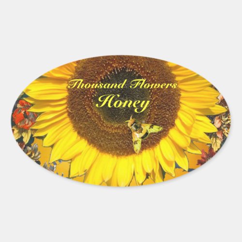 SUNFLOWER AND HONEY BEE FLORAL BEEKEEPING OVAL STICKER
