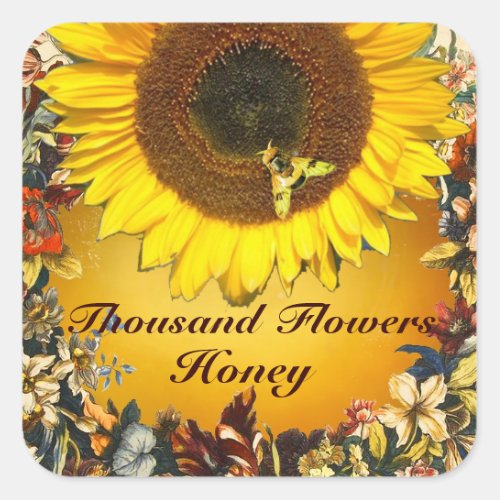 SUNFLOWER AND HONEY BEE FLORAL BEEKEEPING SQUARE STICKER