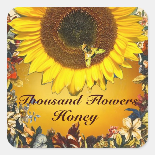SUNFLOWER AND HONEY BEE FLORAL BEEKEEPING SQUARE STICKER (Front)