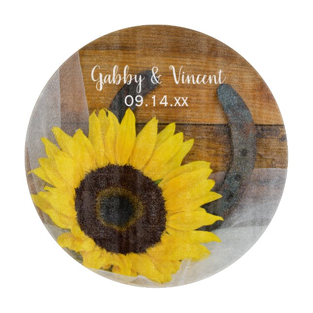 Sunflower and Horseshoe Country Western Wedding Cutting Board (Front)