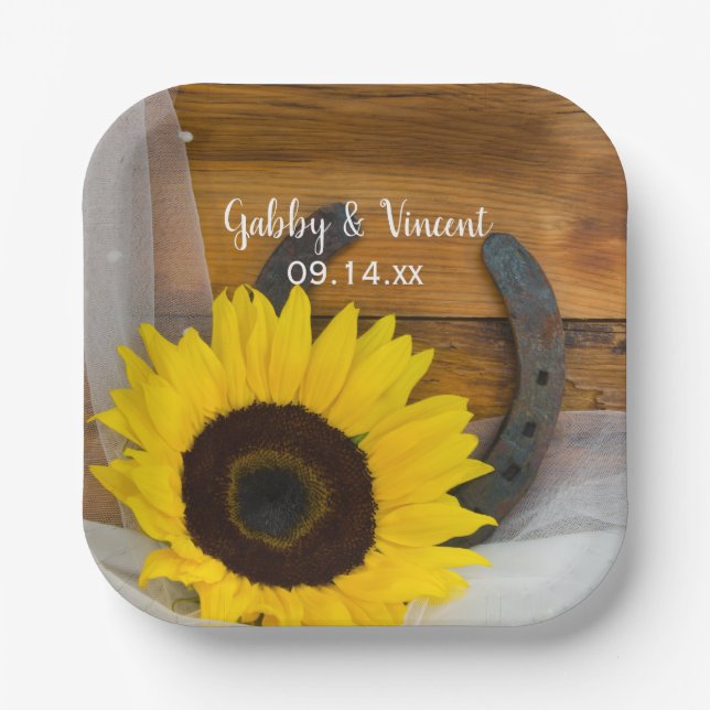 Sunflower and Horseshoe Country Western Wedding Paper Plates (Front)