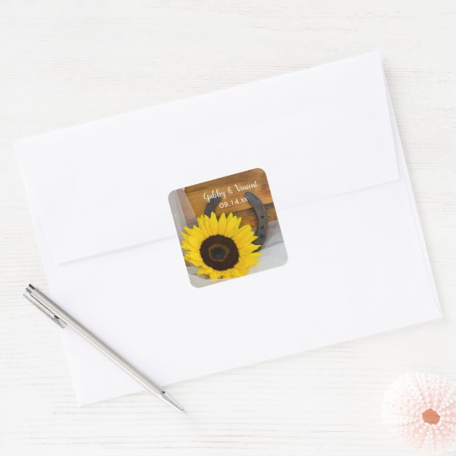 Sunflower and Horseshoe Country Western Wedding Square Sticker (Envelope)
